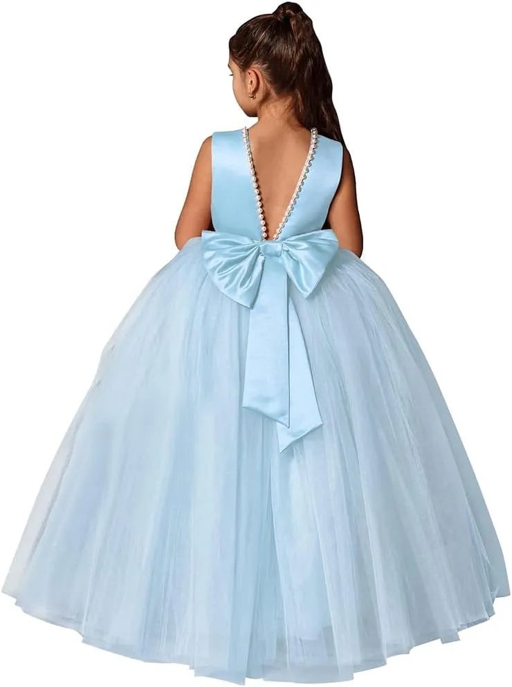Flower Girls Dresses for Wedding Satin Tulle Pageant Princess Prom Ball Gowns with Pearls and Bow-Knot