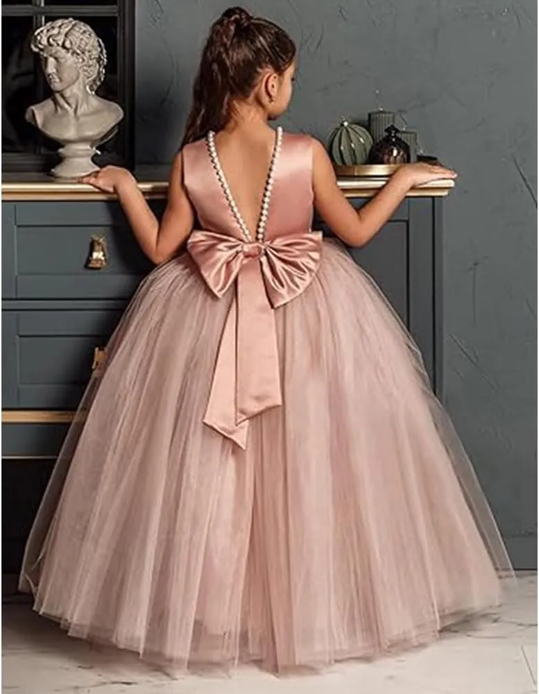 Flower Girls Dresses for Wedding Satin Tulle Pageant Princess Prom Ball Gowns with Pearls and Bow-Knot