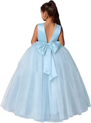 Flower Girls Dresses for Wedding Satin Tulle Pageant Princess Prom Ball Gowns with Pearls and Bow-Knot