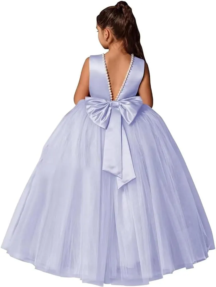 Flower Girls Dresses for Wedding Satin Tulle Pageant Princess Prom Ball Gowns with Pearls and Bow-Knot