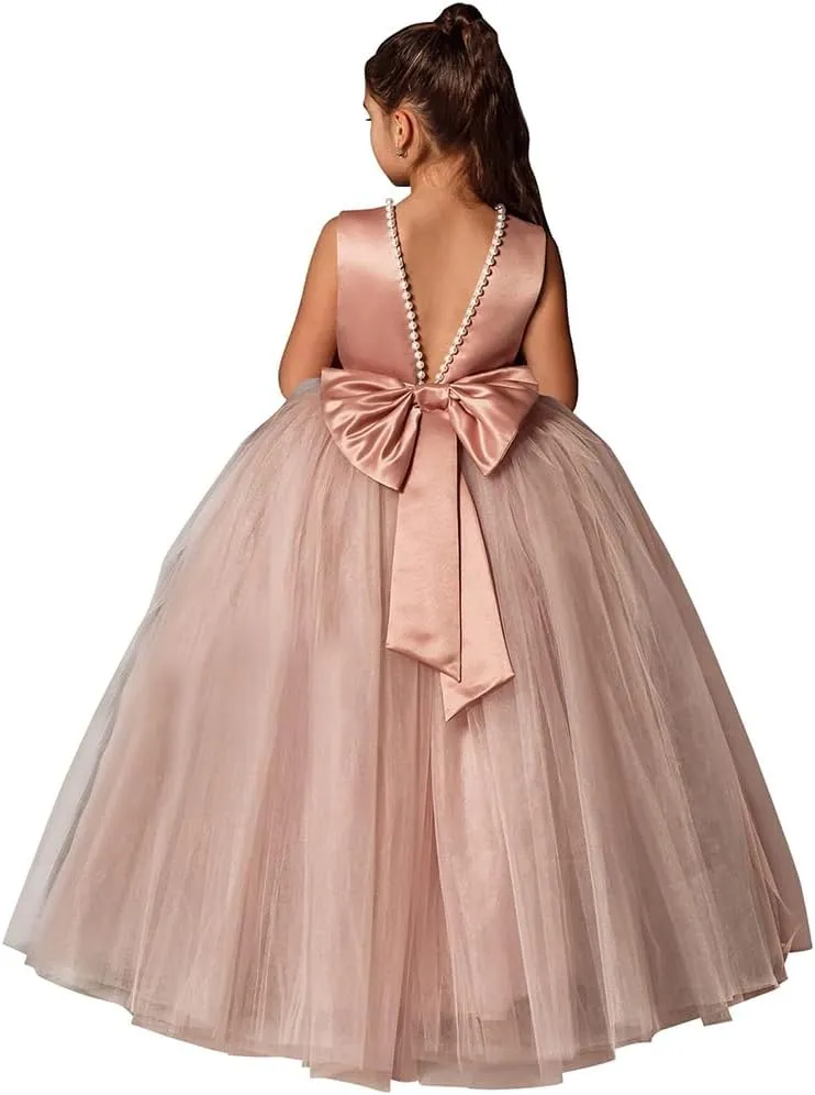 Flower Girls Dresses for Wedding Satin Tulle Pageant Princess Prom Ball Gowns with Pearls and Bow-Knot