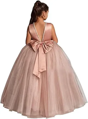 Flower Girls Dresses for Wedding Satin Tulle Pageant Princess Prom Ball Gowns with Pearls and Bow-Knot