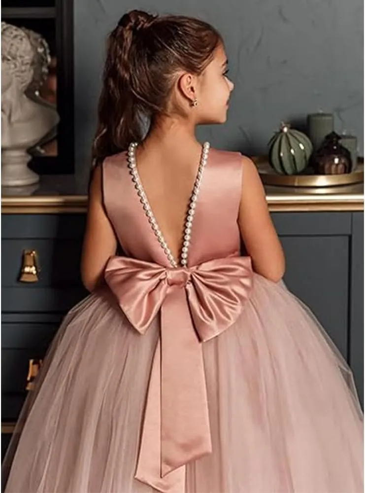 Flower Girls Dresses for Wedding Satin Tulle Pageant Princess Prom Ball Gowns with Pearls and Bow-Knot