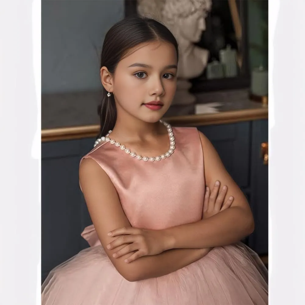 Flower Girls Dresses for Wedding Satin Tulle Pageant Princess Prom Ball Gowns with Pearls and Bow-Knot