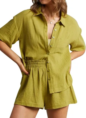 Flygo Womens Casual 2 Piece Outfits Cotton Linen Sets Button Down Shirt Shorts Resort Wear 2025 Pajama Beach Coverup Set