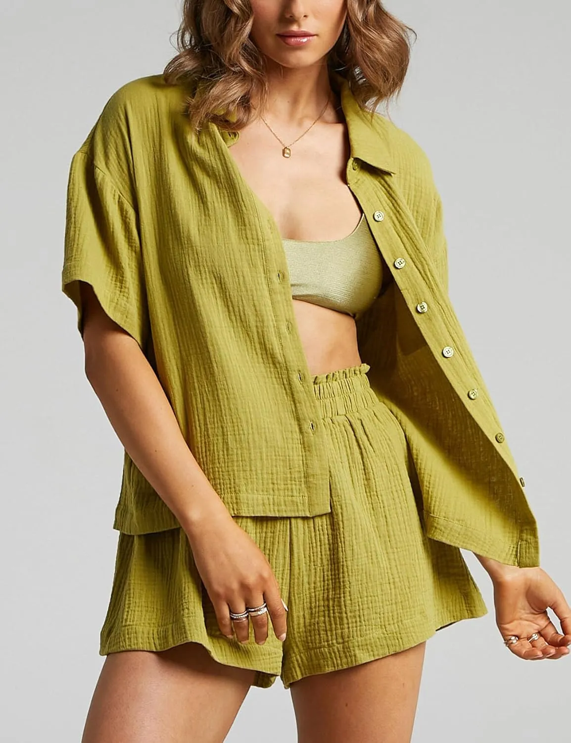 Flygo Womens Casual 2 Piece Outfits Cotton Linen Sets Button Down Shirt Shorts Resort Wear 2025 Pajama Beach Coverup Set
