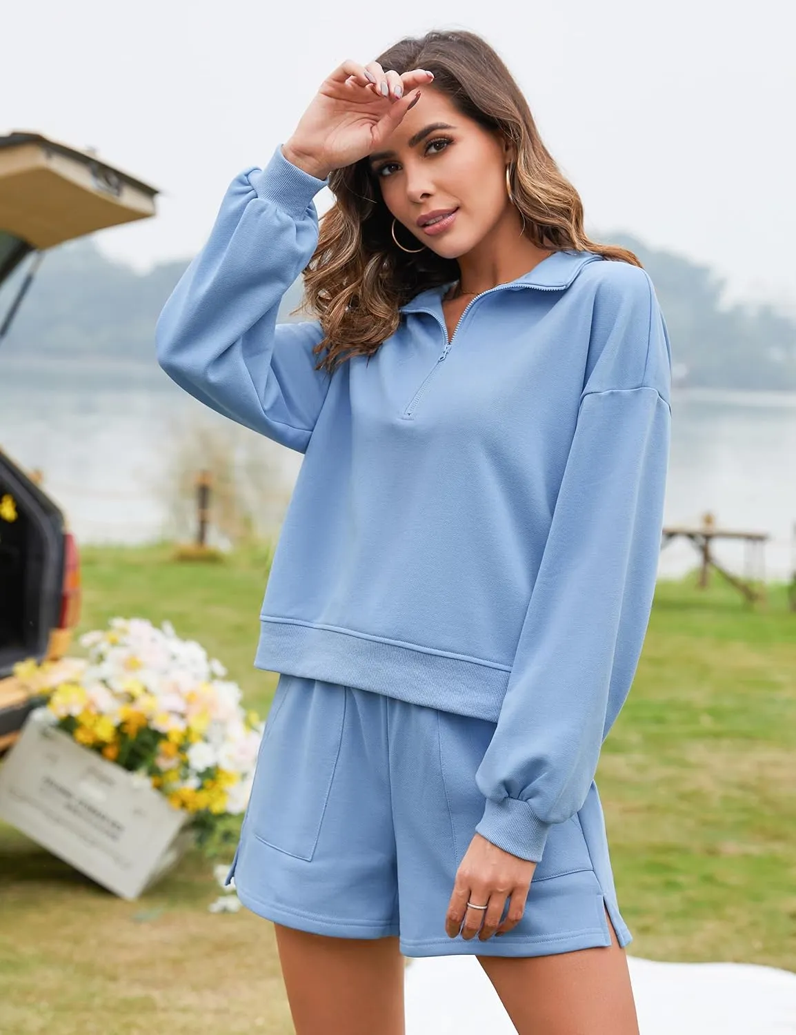 Flygo Women's Cotton 2 Piece Outfits Sweatsuit Lounge Sets Half Zip Crop Top and High Waisted Shorts Sweatshirt Tracksuit