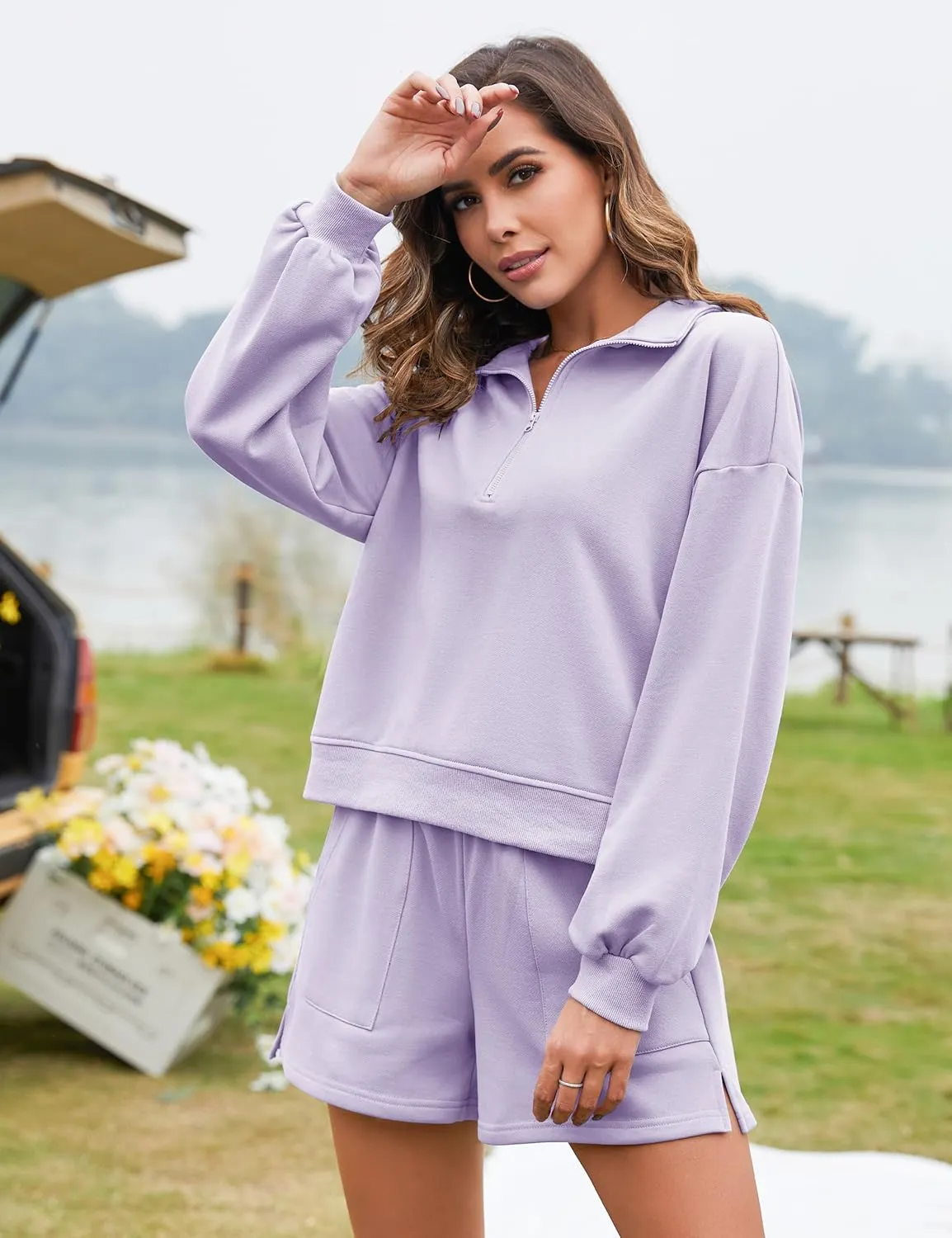 Flygo Women's Cotton 2 Piece Outfits Sweatsuit Lounge Sets Half Zip Crop Top and High Waisted Shorts Sweatshirt Tracksuit