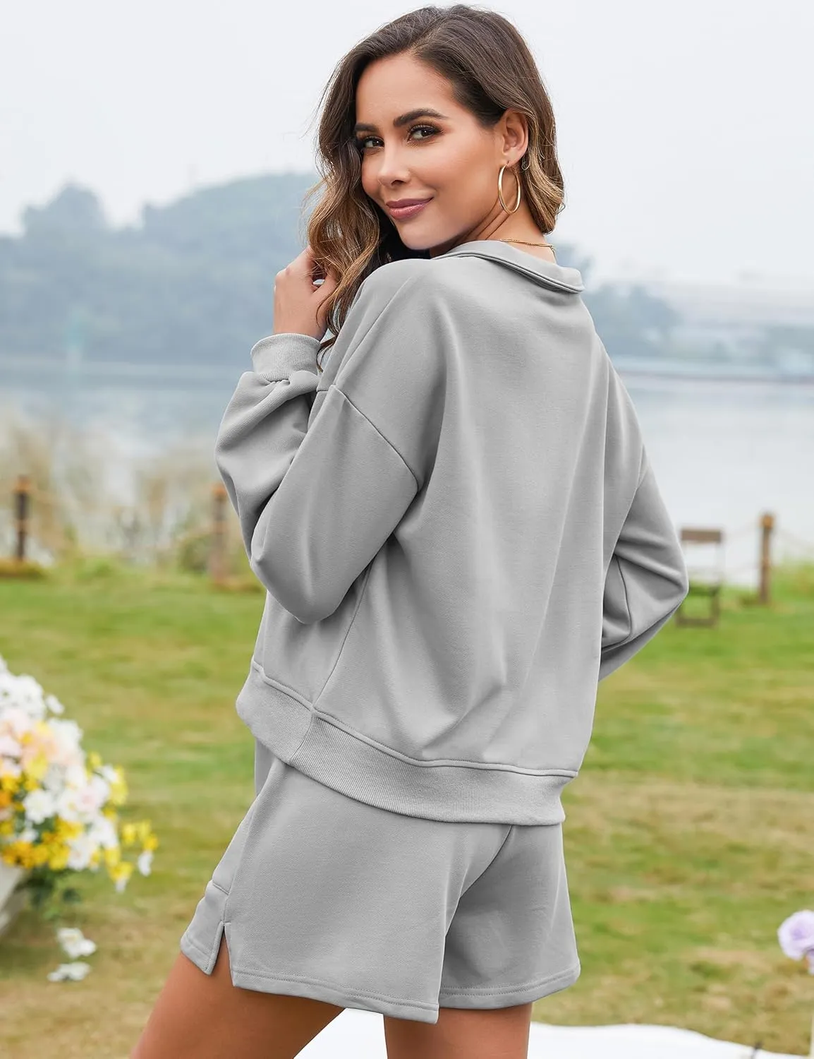 Flygo Women's Cotton 2 Piece Outfits Sweatsuit Lounge Sets Half Zip Crop Top and High Waisted Shorts Sweatshirt Tracksuit