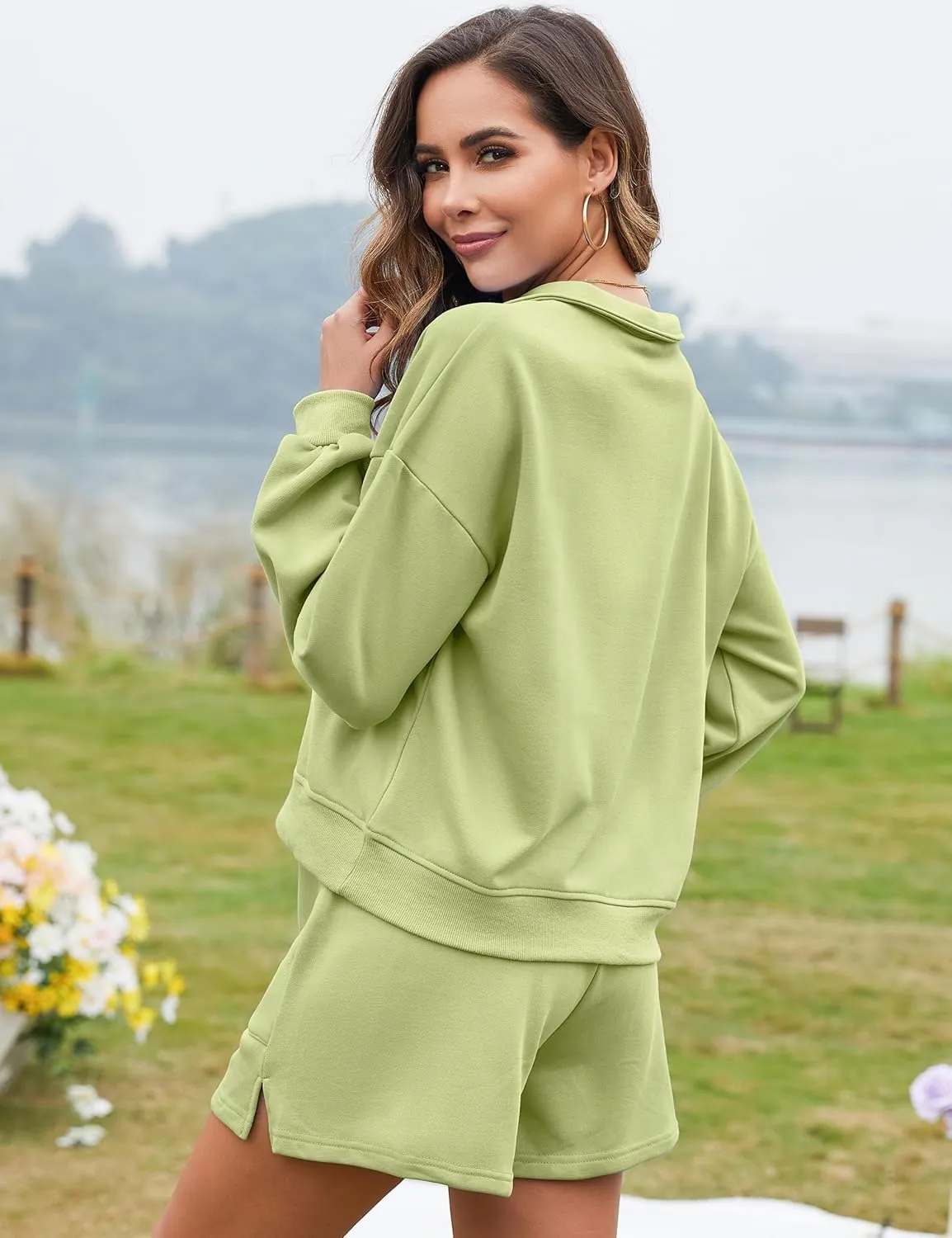 Flygo Women's Cotton 2 Piece Outfits Sweatsuit Lounge Sets Half Zip Crop Top and High Waisted Shorts Sweatshirt Tracksuit