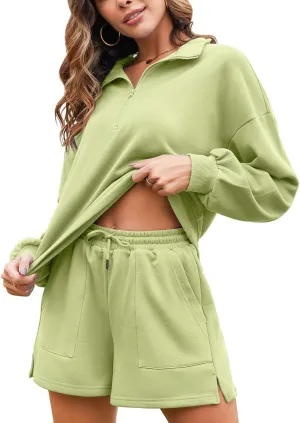 Flygo Women's Cotton 2 Piece Outfits Sweatsuit Lounge Sets Half Zip Crop Top and High Waisted Shorts Sweatshirt Tracksuit