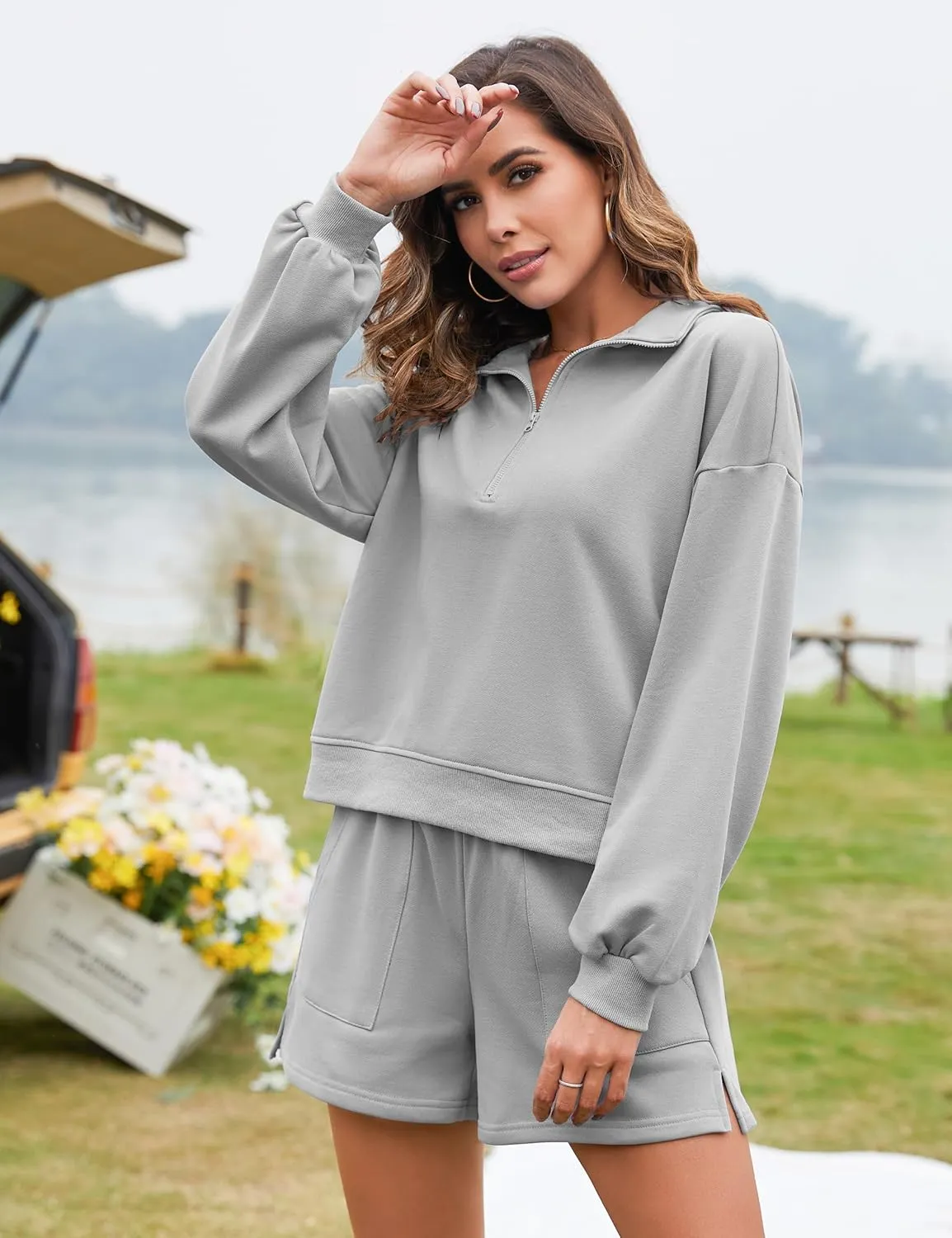 Flygo Women's Cotton 2 Piece Outfits Sweatsuit Lounge Sets Half Zip Crop Top and High Waisted Shorts Sweatshirt Tracksuit
