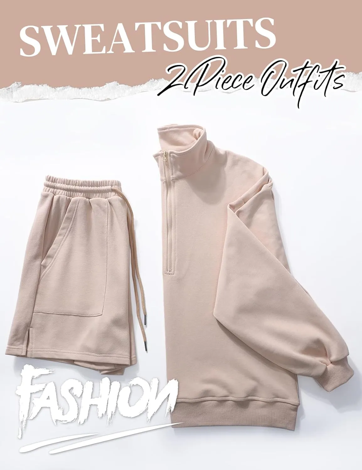 Flygo Women's Cotton 2 Piece Outfits Sweatsuit Lounge Sets Half Zip Crop Top and High Waisted Shorts Sweatshirt Tracksuit