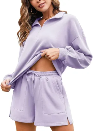 Flygo Women's Cotton 2 Piece Outfits Sweatsuit Lounge Sets Half Zip Crop Top and High Waisted Shorts Sweatshirt Tracksuit