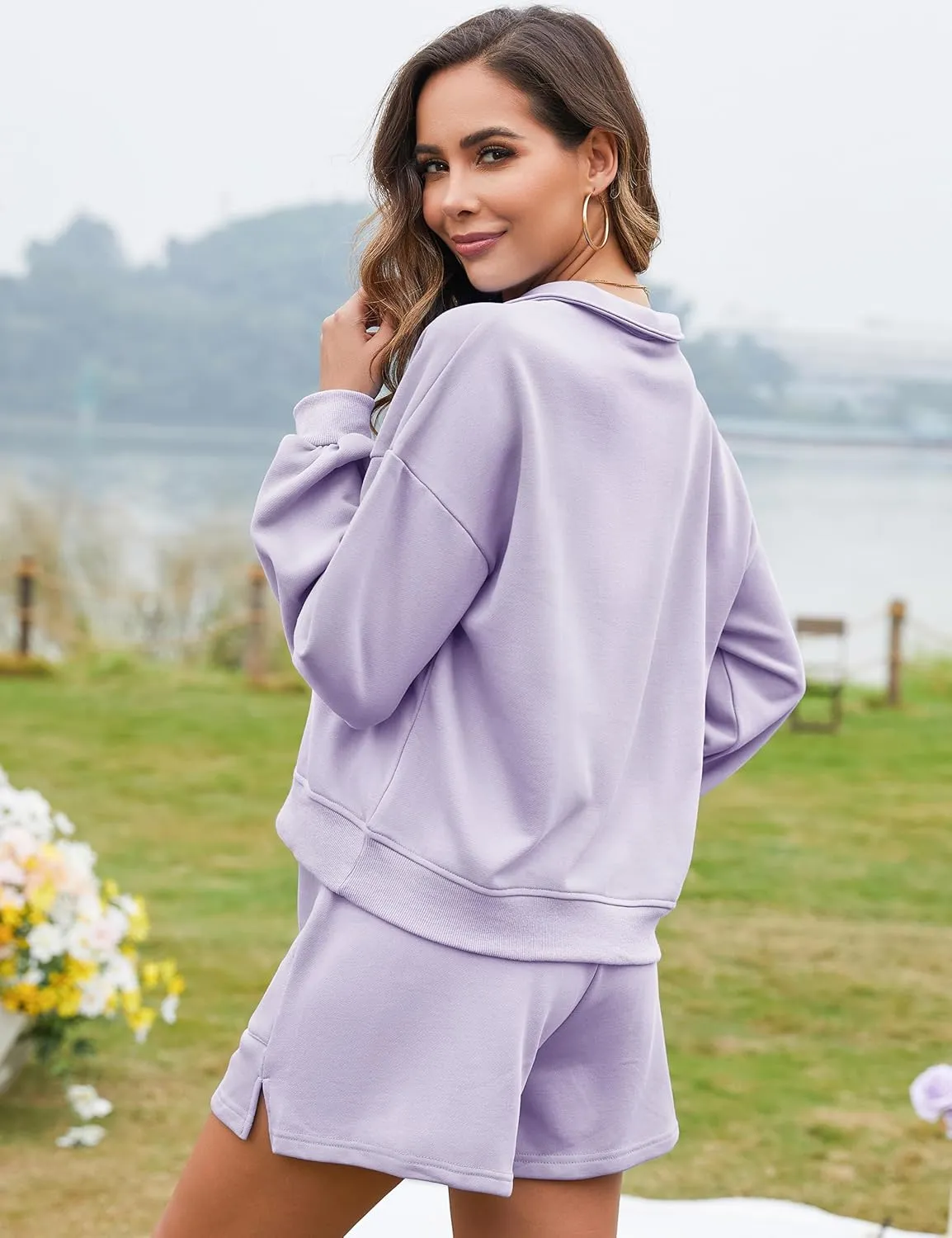 Flygo Women's Cotton 2 Piece Outfits Sweatsuit Lounge Sets Half Zip Crop Top and High Waisted Shorts Sweatshirt Tracksuit