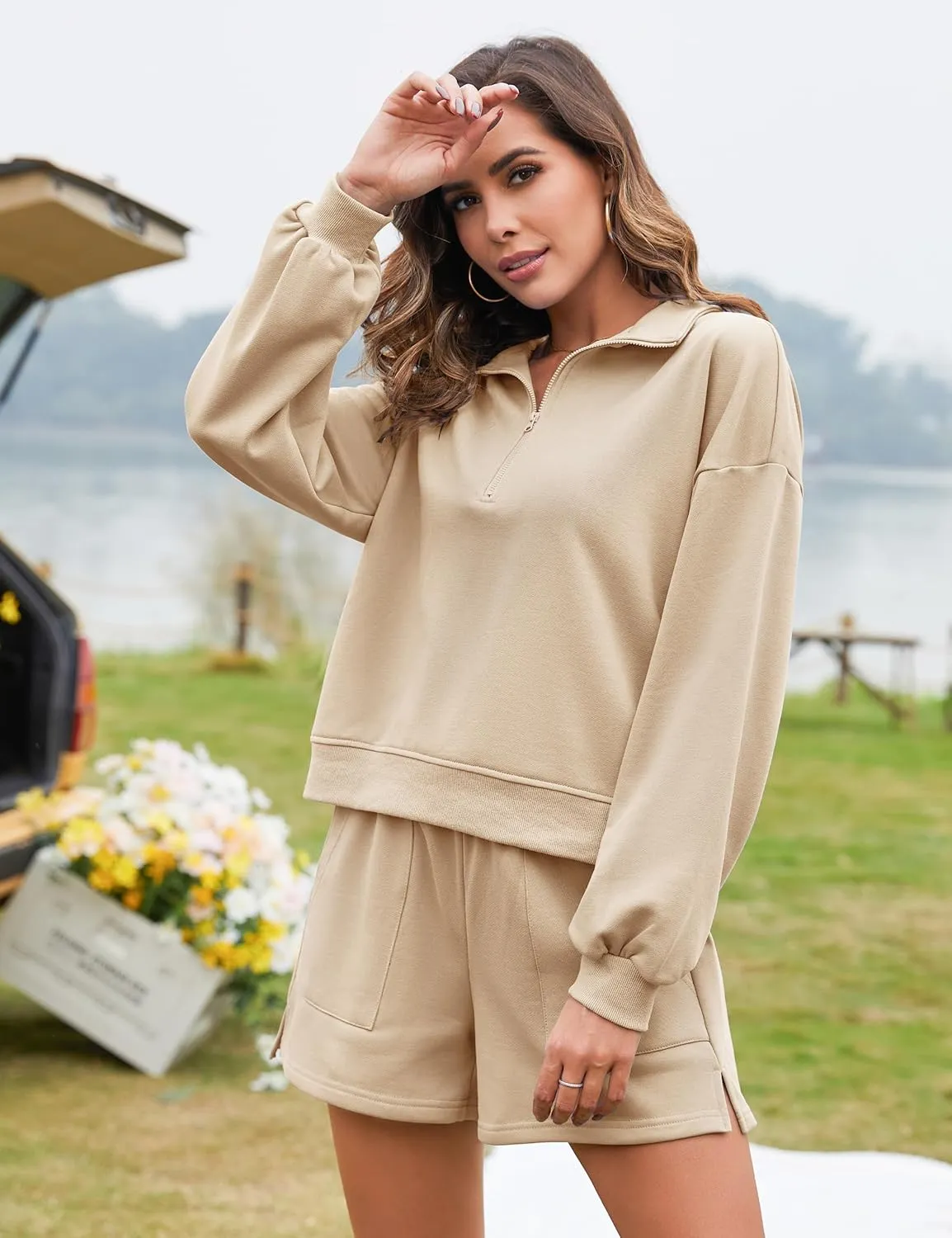 Flygo Women's Cotton 2 Piece Outfits Sweatsuit Lounge Sets Half Zip Crop Top and High Waisted Shorts Sweatshirt Tracksuit