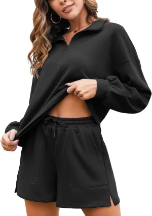 Flygo Women's Cotton 2 Piece Outfits Sweatsuit Lounge Sets Half Zip Crop Top and High Waisted Shorts Sweatshirt Tracksuit