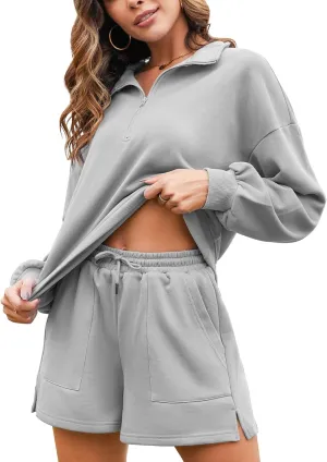 Flygo Women's Cotton 2 Piece Outfits Sweatsuit Lounge Sets Half Zip Crop Top and High Waisted Shorts Sweatshirt Tracksuit
