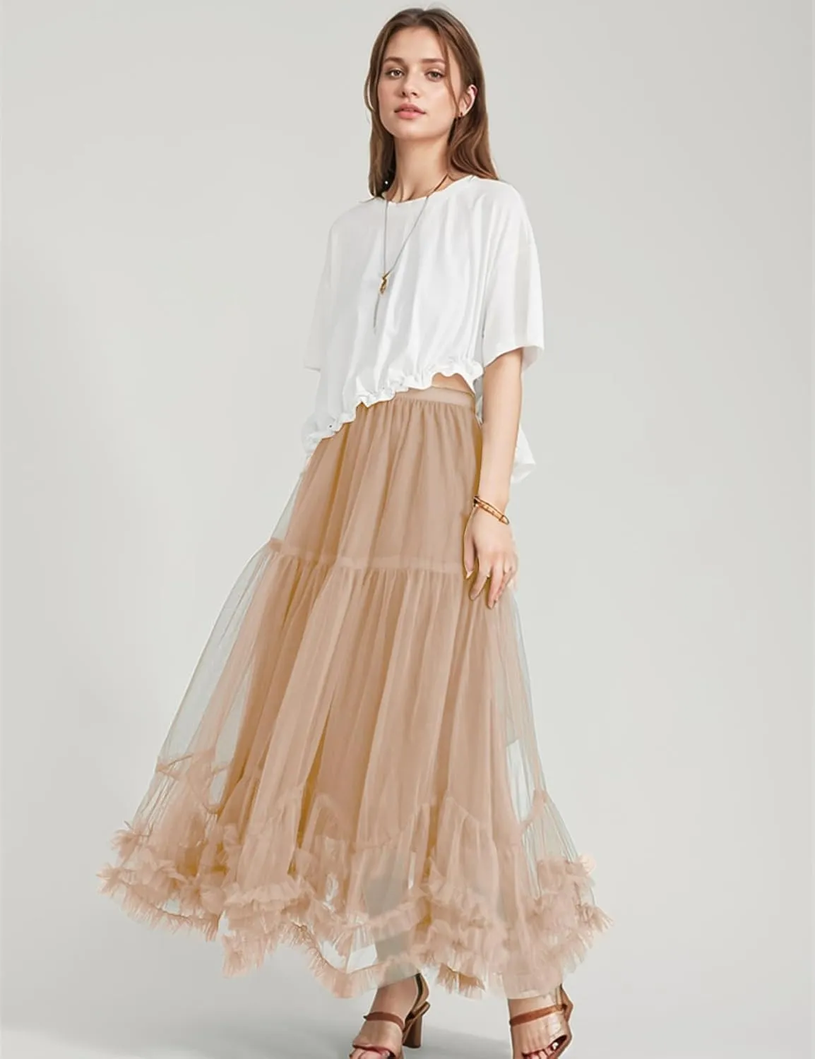 Flygo Women's Maxi Tulle Skirt Long Tiered A Line Mesh Tutu Fairy High Elastic Waist Pleated Layered Skirts