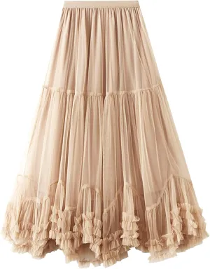 Flygo Women's Maxi Tulle Skirt Long Tiered A Line Mesh Tutu Fairy High Elastic Waist Pleated Layered Skirts
