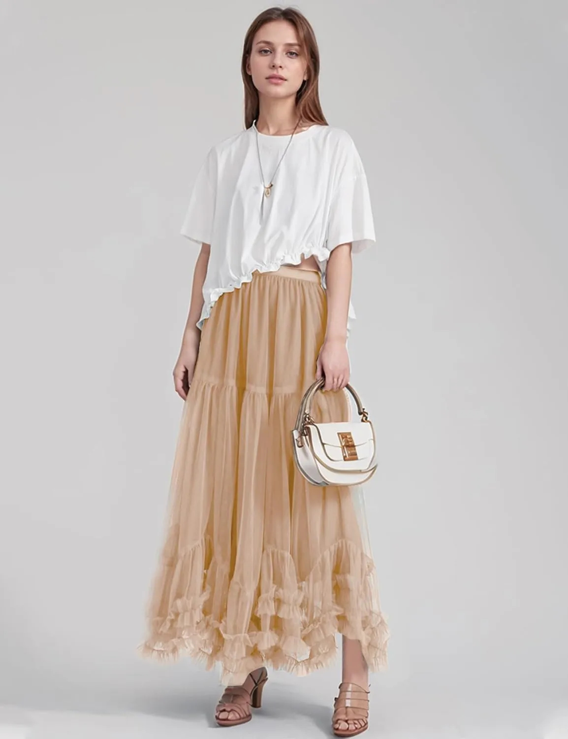 Flygo Women's Maxi Tulle Skirt Long Tiered A Line Mesh Tutu Fairy High Elastic Waist Pleated Layered Skirts