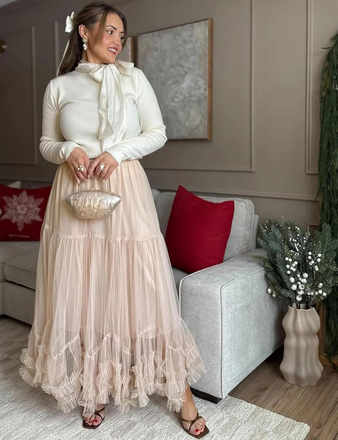 Flygo Women's Maxi Tulle Skirt Long Tiered A Line Mesh Tutu Fairy High Elastic Waist Pleated Layered Skirts