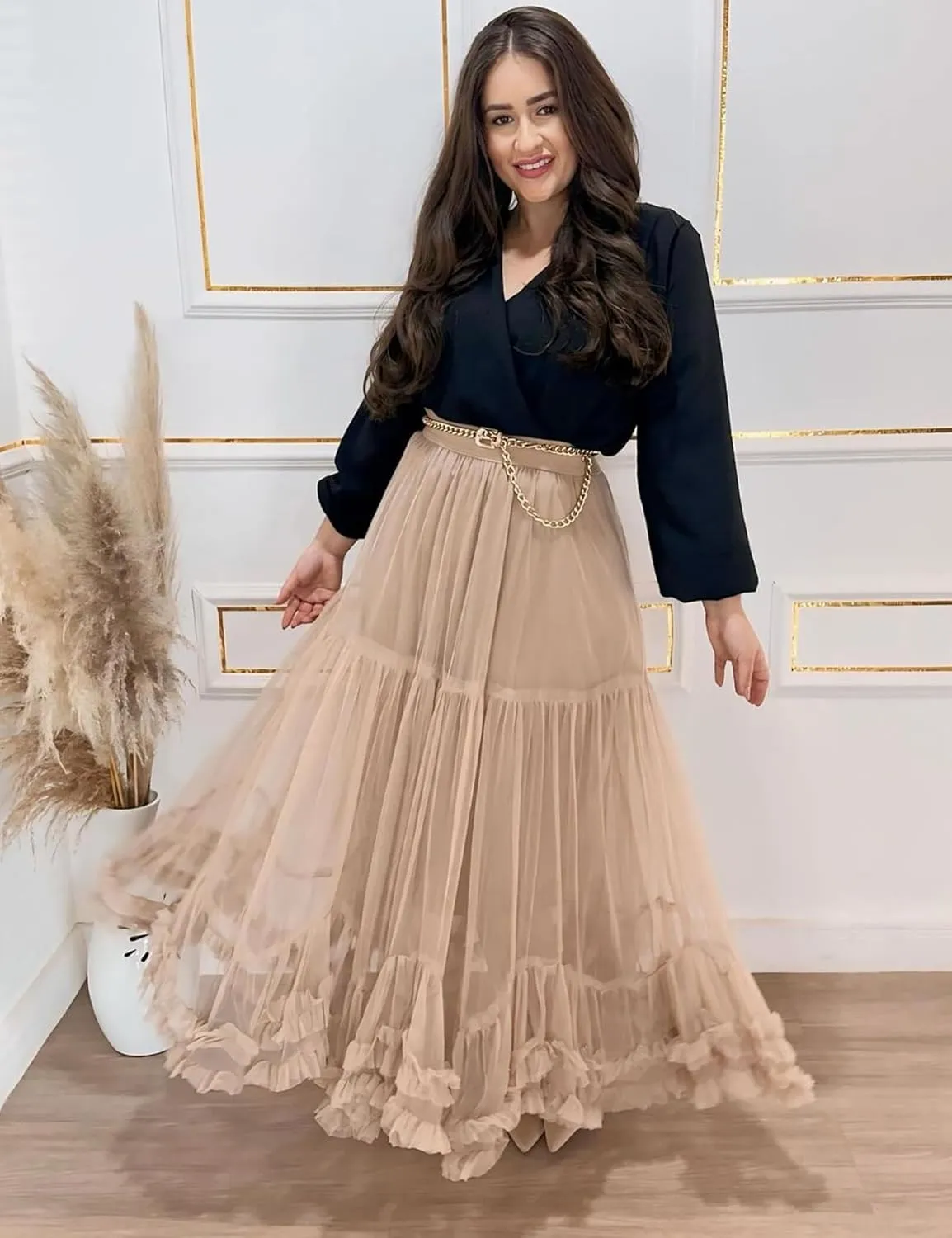 Flygo Women's Maxi Tulle Skirt Long Tiered A Line Mesh Tutu Fairy High Elastic Waist Pleated Layered Skirts