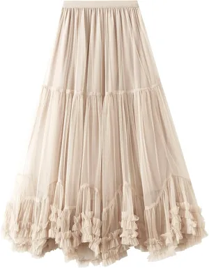 Flygo Women's Maxi Tulle Skirt Long Tiered A Line Mesh Tutu Fairy High Elastic Waist Pleated Layered Skirts