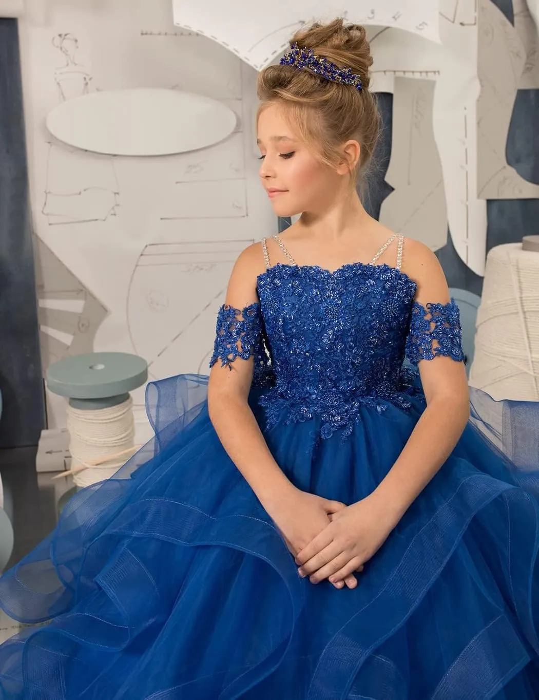 Girl’s Off Shoulder Flower Girl Dress for Wedding Beaded Princess Pageant Dresses Tulle Ruffles Ball Gowns for Girls