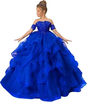 Girl’s Off Shoulder Flower Girl Dress for Wedding Beaded Princess Pageant Dresses Tulle Ruffles Ball Gowns for Girls