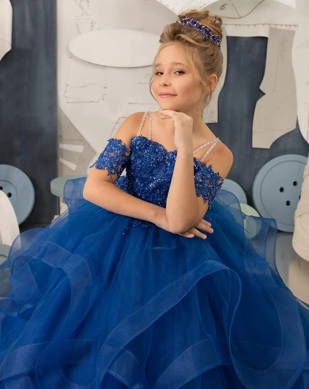 Girl’s Off Shoulder Flower Girl Dress for Wedding Beaded Princess Pageant Dresses Tulle Ruffles Ball Gowns for Girls