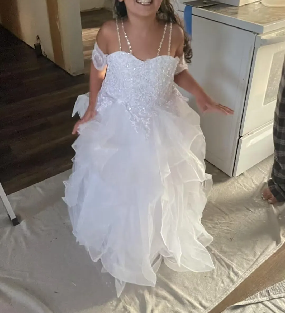 Girl’s Off Shoulder Flower Girl Dress for Wedding Beaded Princess Pageant Dresses Tulle Ruffles Ball Gowns for Girls