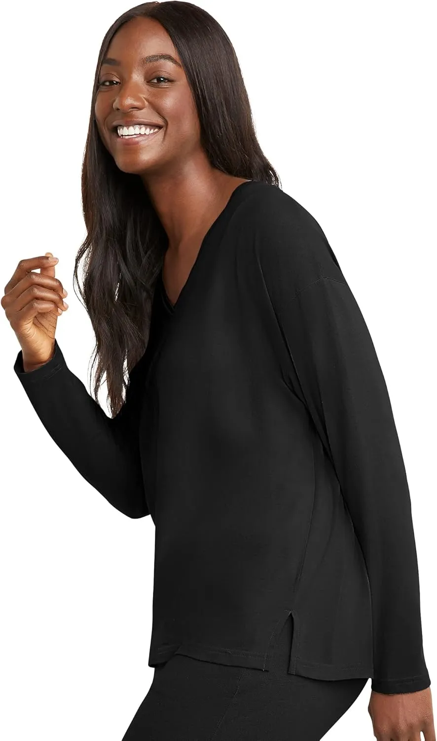 Hanes Womens Originals V-Neck Long Sleeve T-Shirt, Cotton Tees for Women, Raw Edge V-Neckline