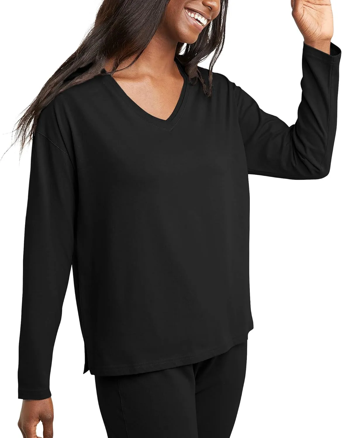 Hanes Womens Originals V-Neck Long Sleeve T-Shirt, Cotton Tees for Women, Raw Edge V-Neckline