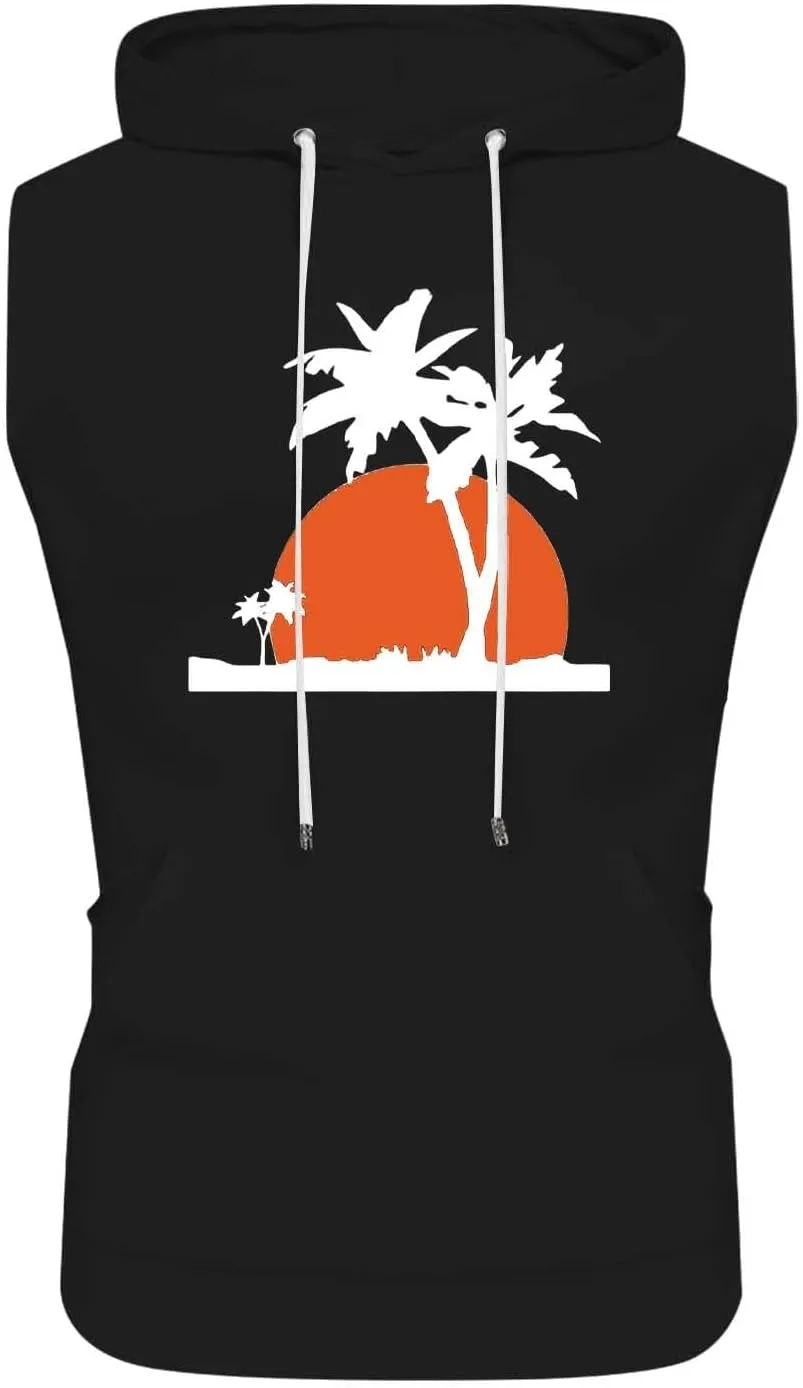 Hooded Tank Tops for Men Coconut Tree Print Graphic Sleeveless Shirts Hoodies Outdoor Beach Vacation Tee Summer Shirt