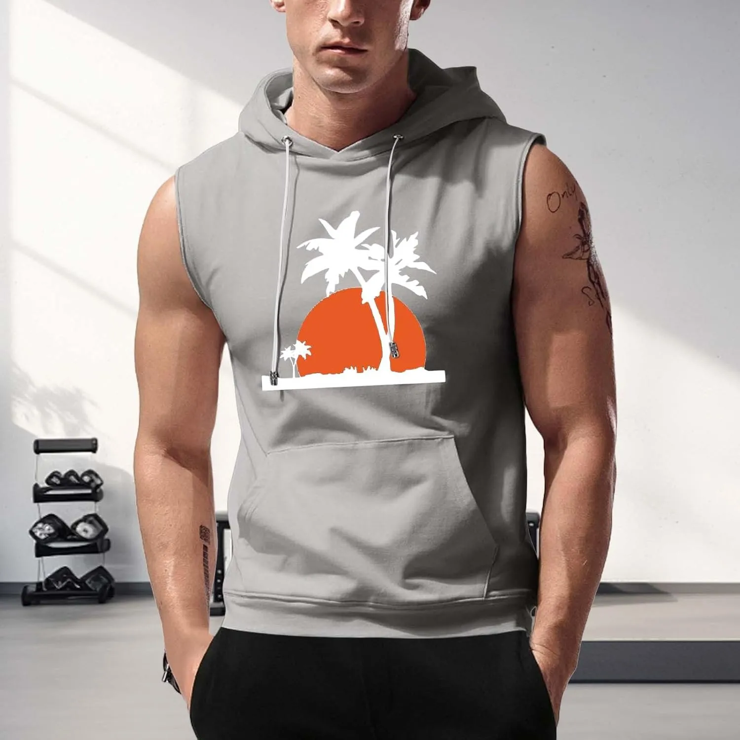Hooded Tank Tops for Men Coconut Tree Print Graphic Sleeveless Shirts Hoodies Outdoor Beach Vacation Tee Summer Shirt