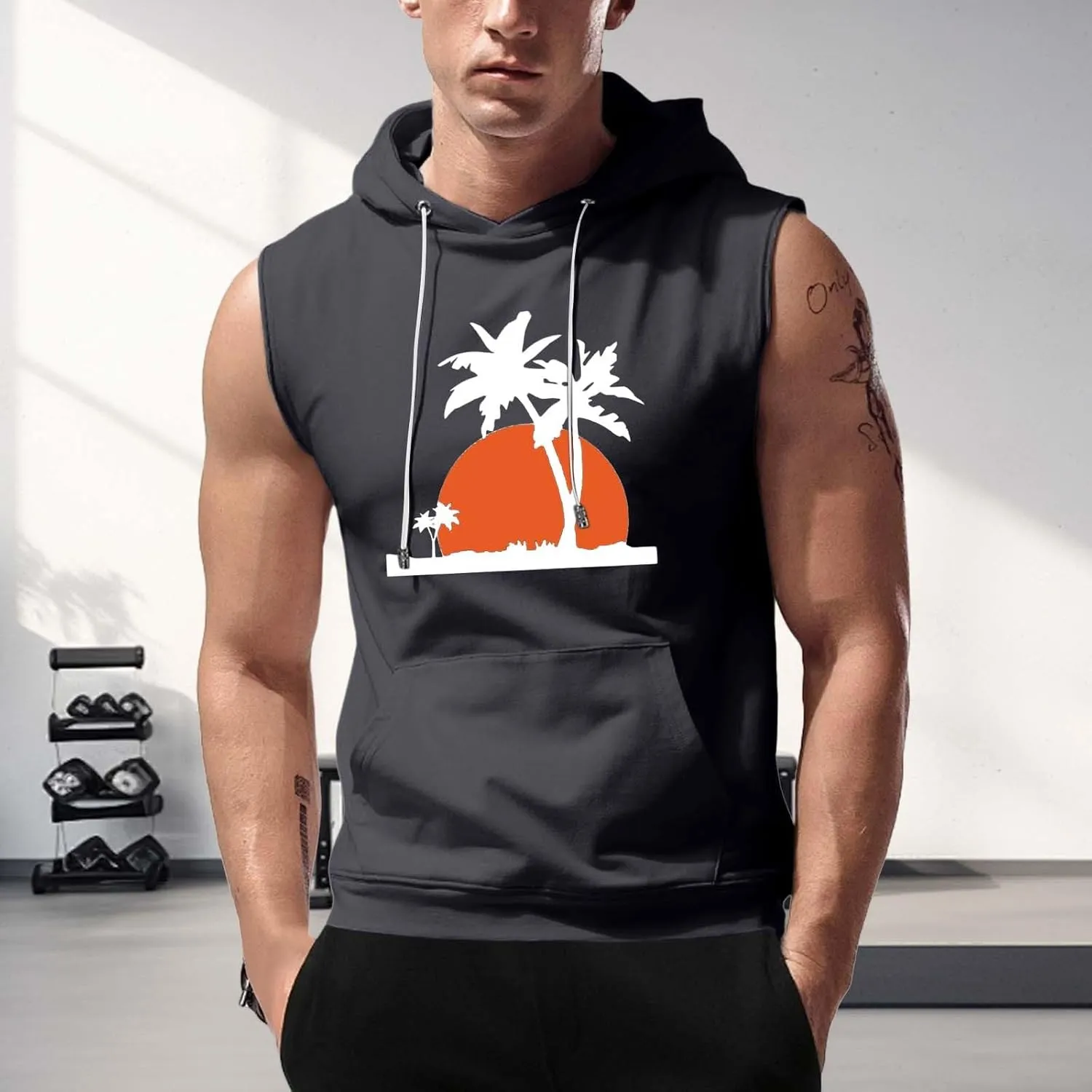 Hooded Tank Tops for Men Coconut Tree Print Graphic Sleeveless Shirts Hoodies Outdoor Beach Vacation Tee Summer Shirt