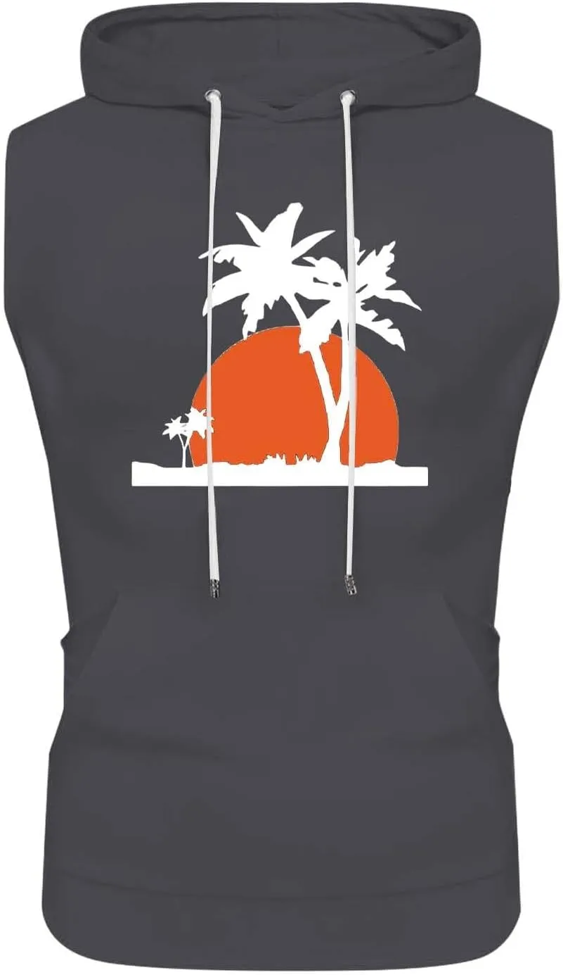 Hooded Tank Tops for Men Coconut Tree Print Graphic Sleeveless Shirts Hoodies Outdoor Beach Vacation Tee Summer Shirt