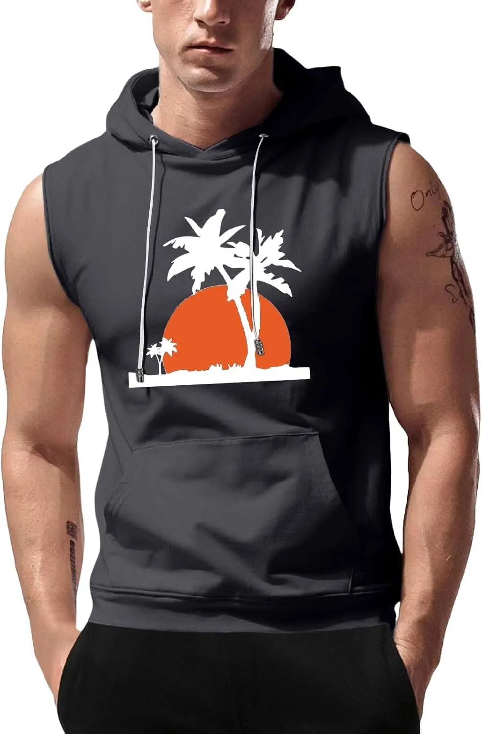 Hooded Tank Tops for Men Coconut Tree Print Graphic Sleeveless Shirts Hoodies Outdoor Beach Vacation Tee Summer Shirt