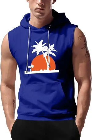 Hooded Tank Tops for Men Coconut Tree Print Graphic Sleeveless Shirts Hoodies Outdoor Beach Vacation Tee Summer Shirt