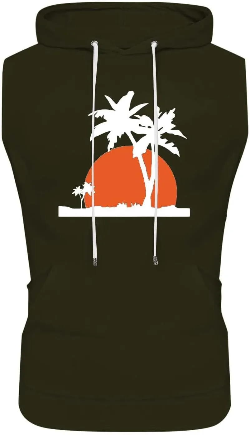 Hooded Tank Tops for Men Coconut Tree Print Graphic Sleeveless Shirts Hoodies Outdoor Beach Vacation Tee Summer Shirt
