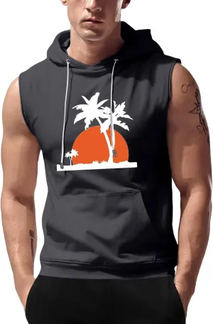 Hooded Tank Tops for Men Coconut Tree Print Graphic Sleeveless Shirts Hoodies Outdoor Beach Vacation Tee Summer Shirt