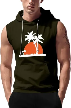 Hooded Tank Tops for Men Coconut Tree Print Graphic Sleeveless Shirts Hoodies Outdoor Beach Vacation Tee Summer Shirt