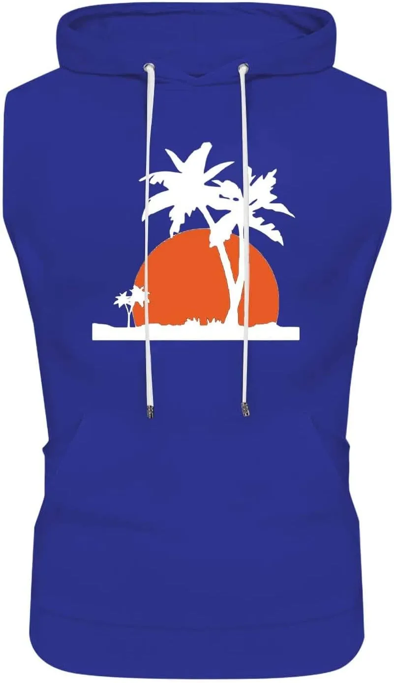 Hooded Tank Tops for Men Coconut Tree Print Graphic Sleeveless Shirts Hoodies Outdoor Beach Vacation Tee Summer Shirt