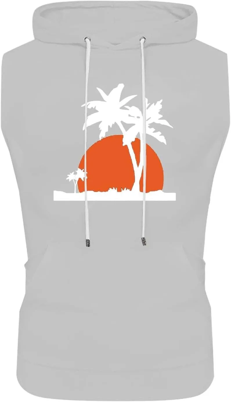 Hooded Tank Tops for Men Coconut Tree Print Graphic Sleeveless Shirts Hoodies Outdoor Beach Vacation Tee Summer Shirt