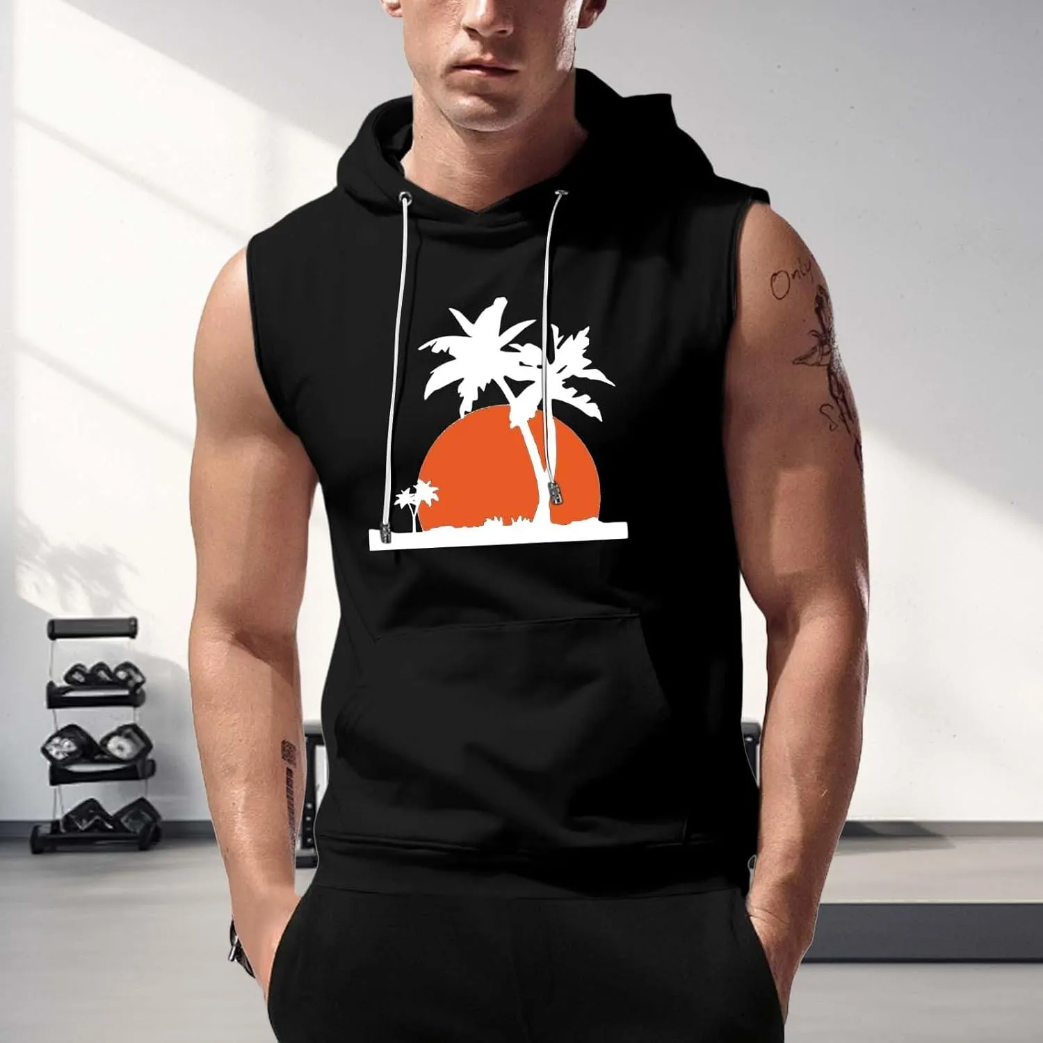 Hooded Tank Tops for Men Coconut Tree Print Graphic Sleeveless Shirts Hoodies Outdoor Beach Vacation Tee Summer Shirt