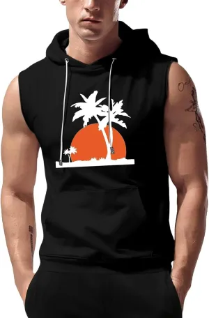 Hooded Tank Tops for Men Coconut Tree Print Graphic Sleeveless Shirts Hoodies Outdoor Beach Vacation Tee Summer Shirt