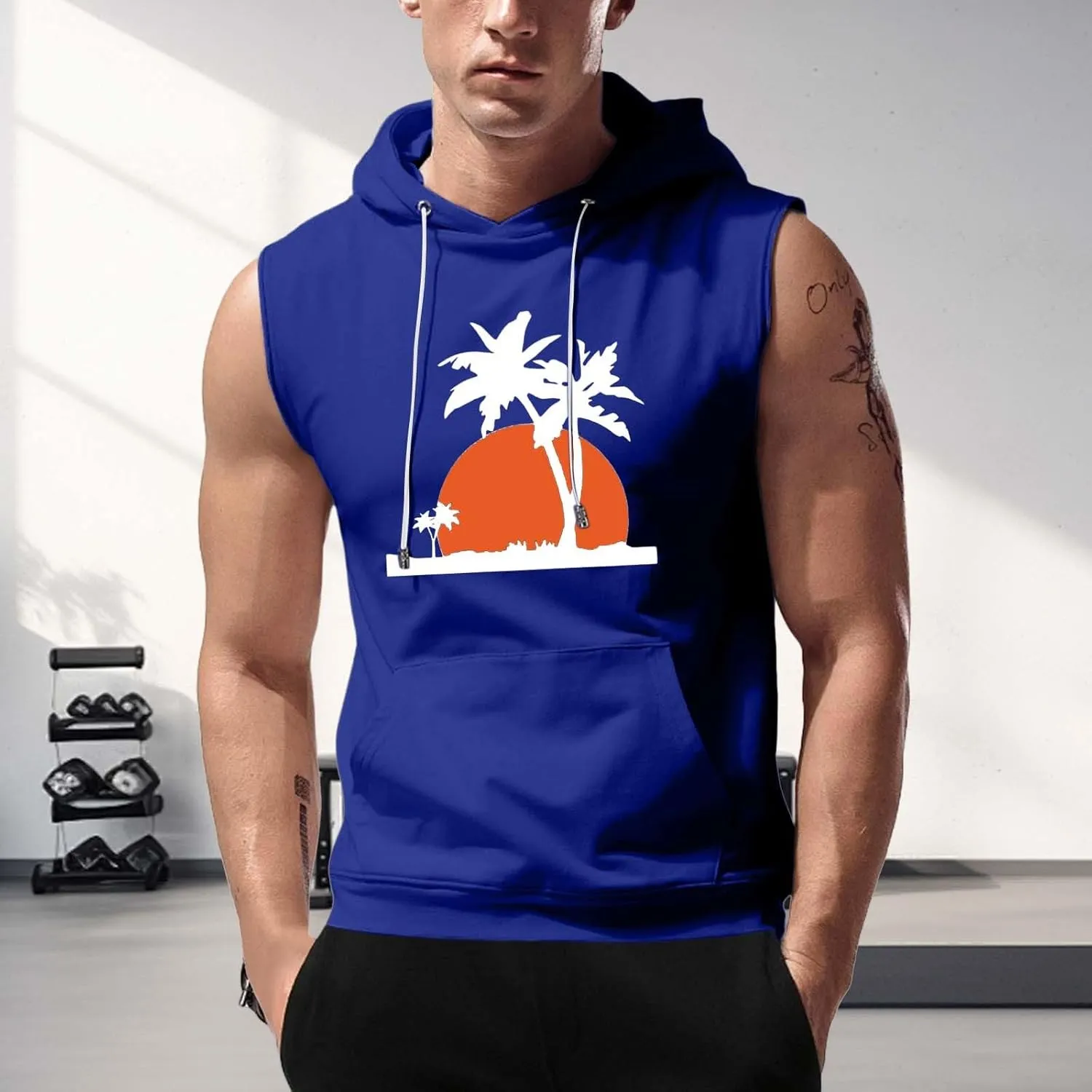 Hooded Tank Tops for Men Coconut Tree Print Graphic Sleeveless Shirts Hoodies Outdoor Beach Vacation Tee Summer Shirt