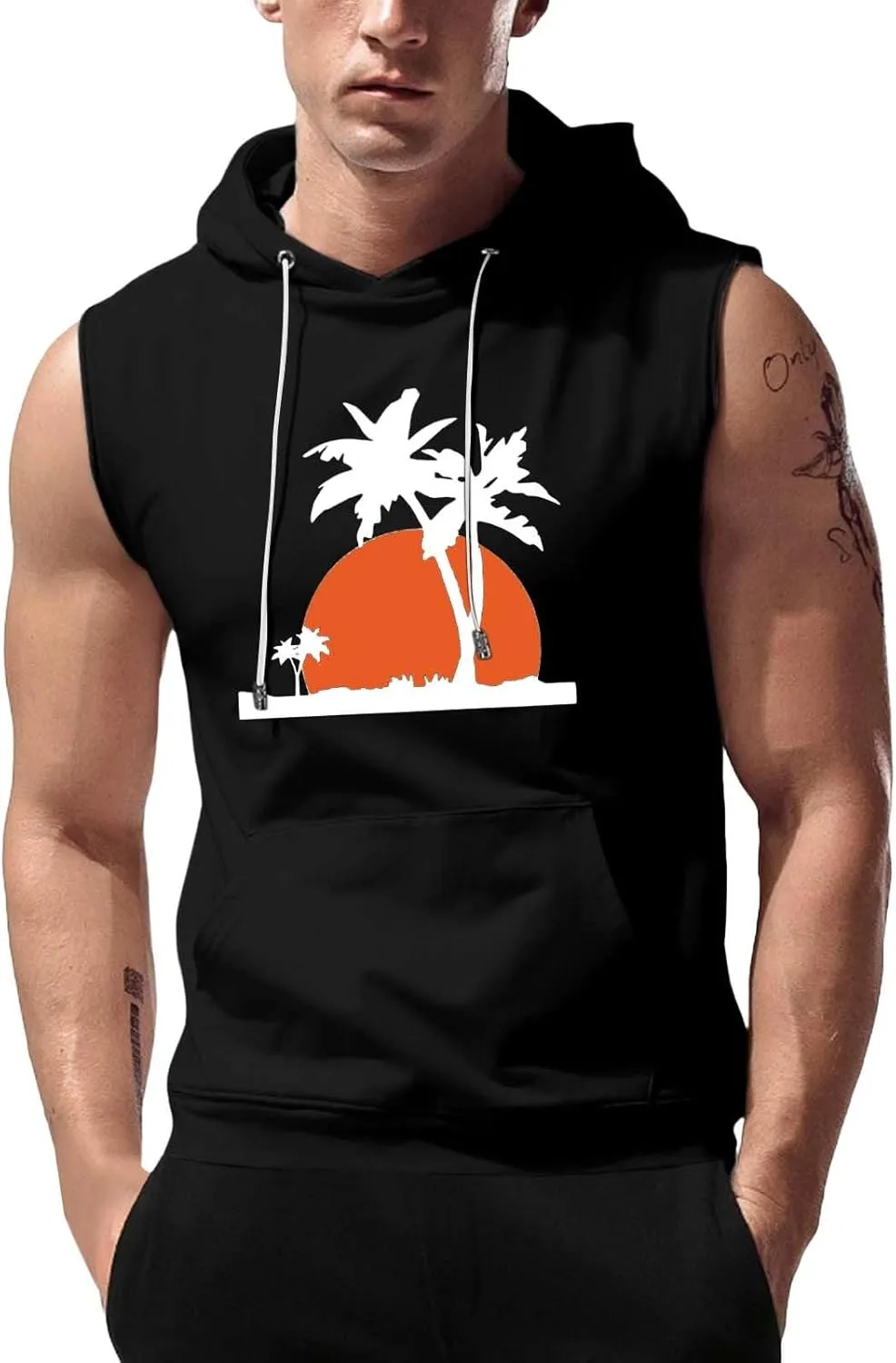 Hooded Tank Tops for Men Coconut Tree Print Graphic Sleeveless Shirts Hoodies Outdoor Beach Vacation Tee Summer Shirt
