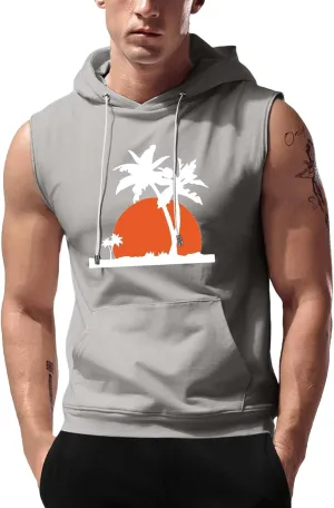 Hooded Tank Tops for Men Coconut Tree Print Graphic Sleeveless Shirts Hoodies Outdoor Beach Vacation Tee Summer Shirt